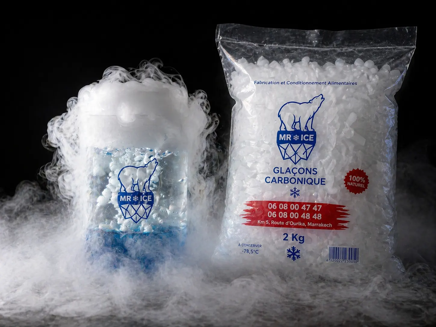 Glaçons carboniques alimentaires Mr ICE — CO₂ solide à -78,5 °C